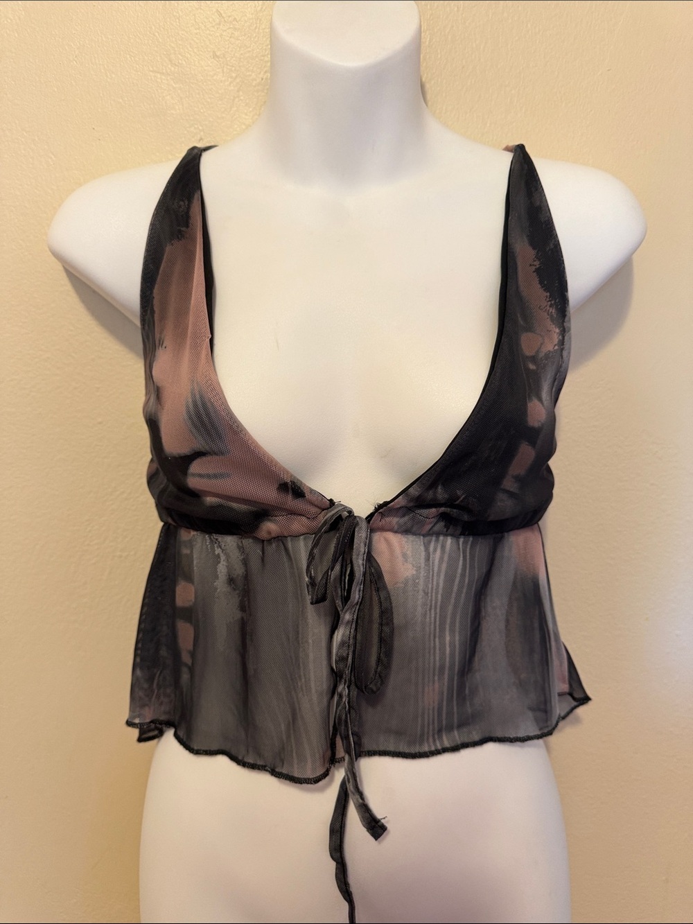 PrettyLittleThing Sheer Tie-Front Babydoll Top - Black & Mauve